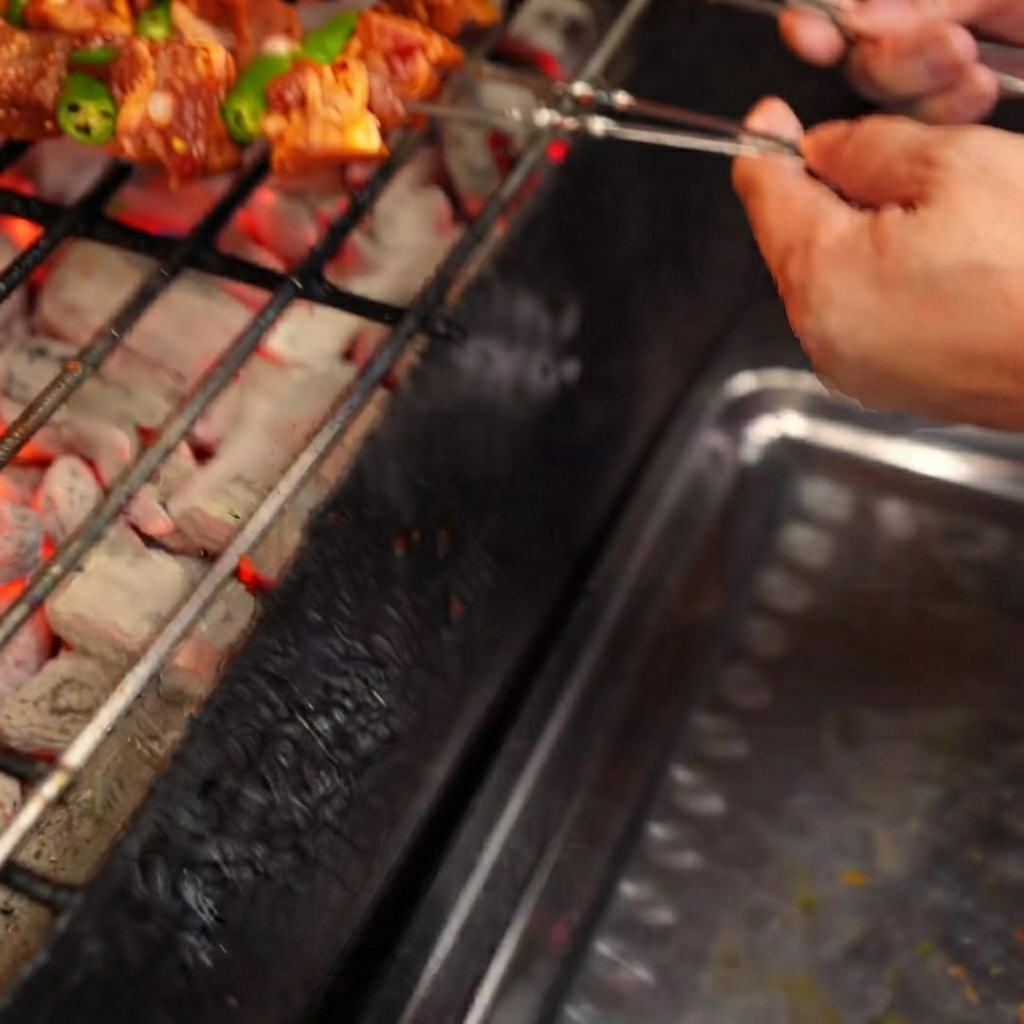 Manos colocando brochetas de carne y pimiento verde sobre la rejilla de una parrilla de carbón negra.