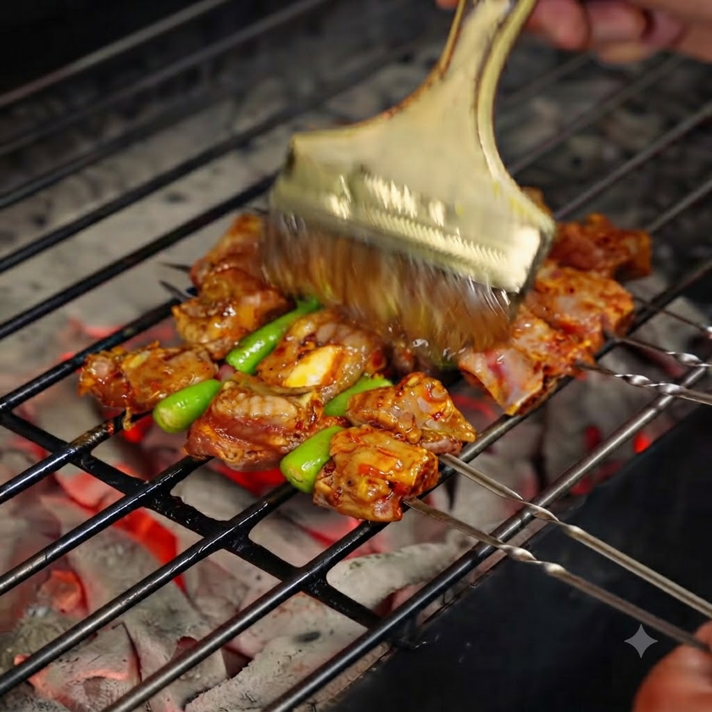 Una brocha ancha aplicando aceite sobre la carne y los pimientos en brocheta que se cocinan sobre una parrilla de carbón.
