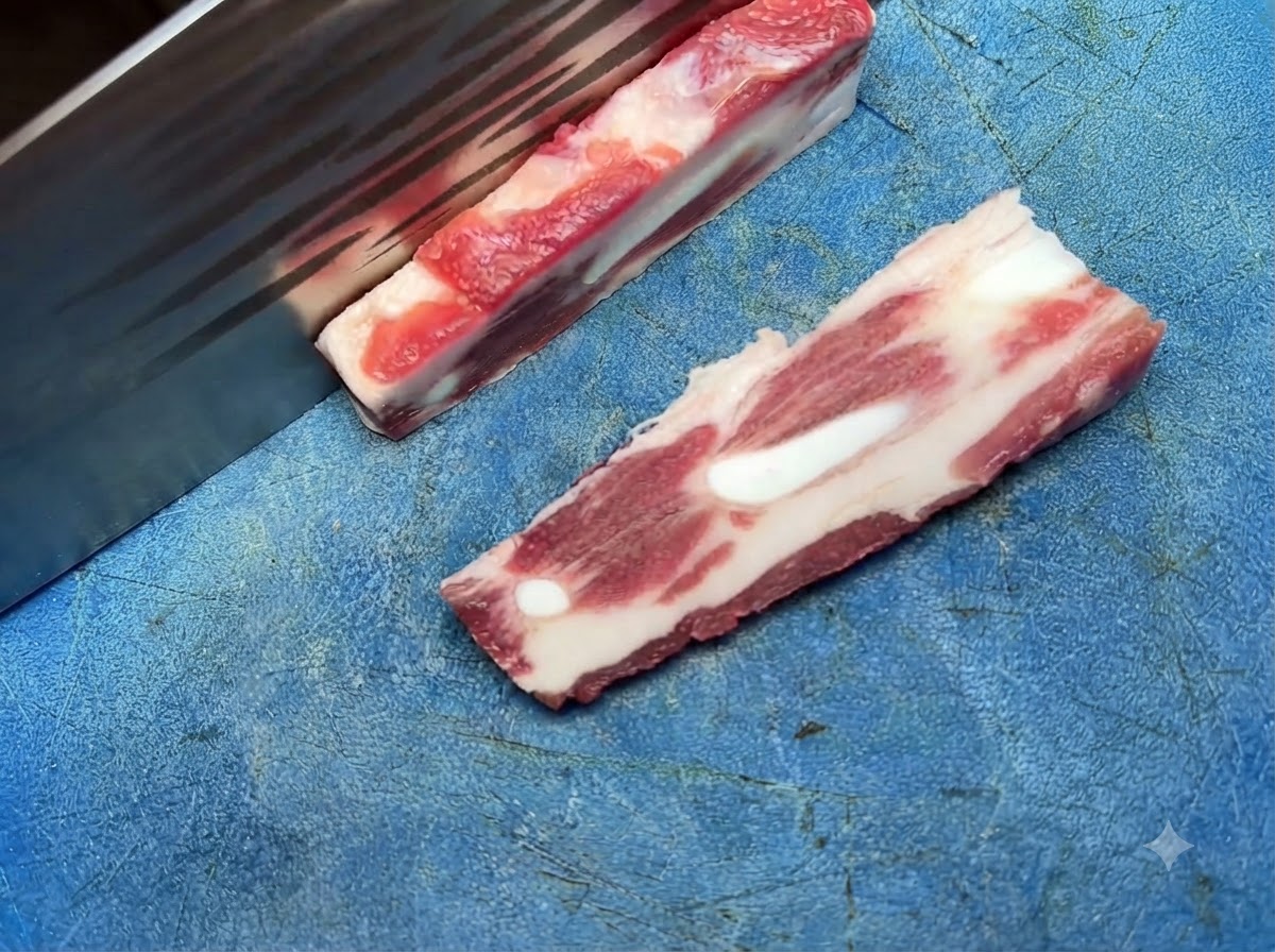 Un cuchillo afilado cortando carne cruda de costilla de cerdo en trozos pequeños sobre una tabla de picar azul.