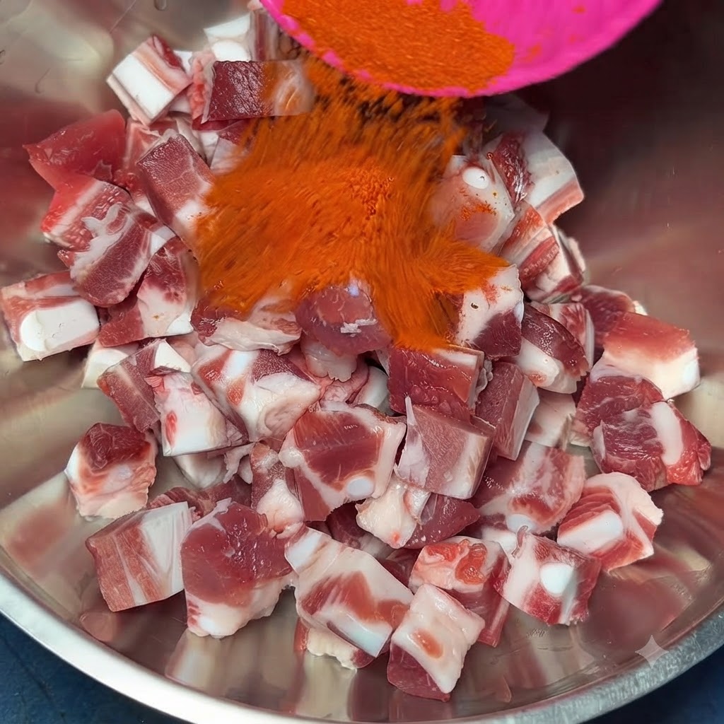 Chile rojo en polvo siendo vertido desde una cuchara rosa en un tazón de metal lleno de carne de costilla de cerdo en cubos.