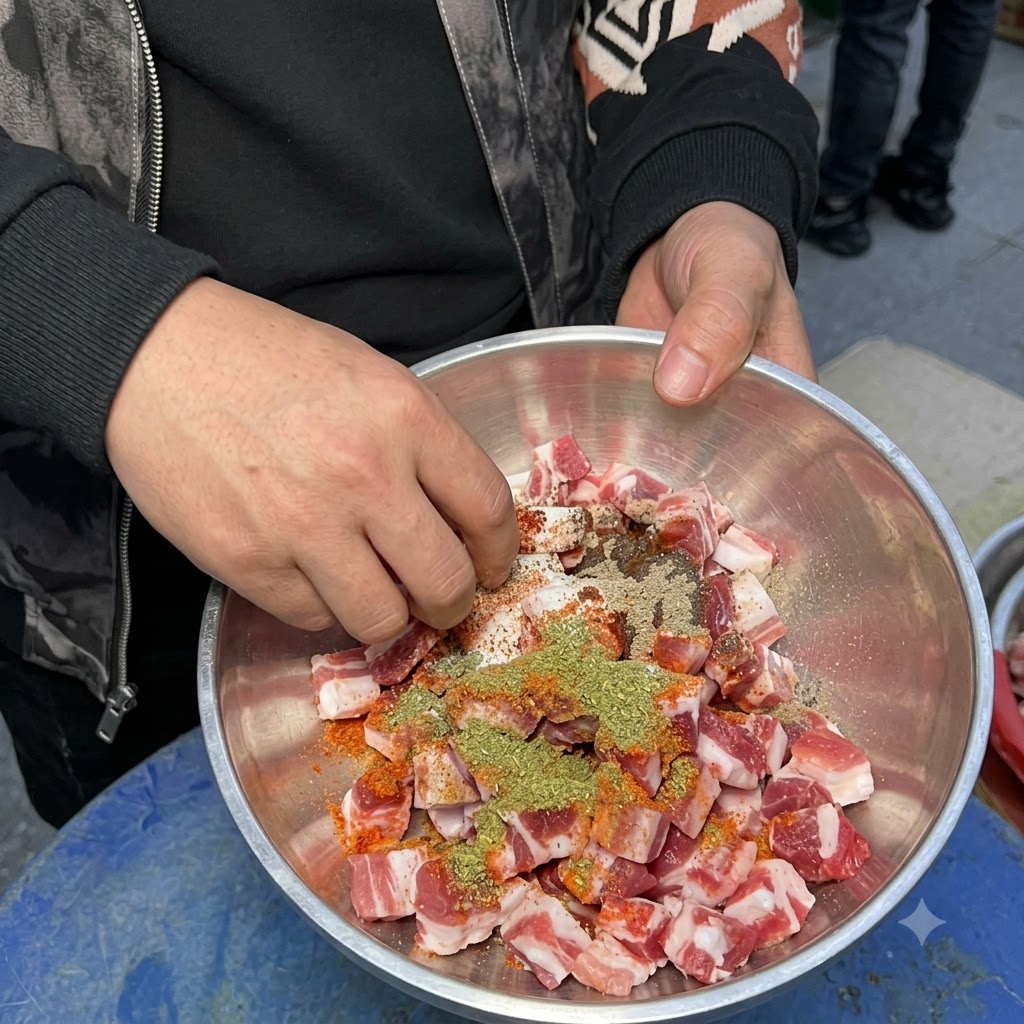 Una persona con chaqueta y guante mezclando cubos de cerdo sazonados dentro de un tazón de acero inoxidable.