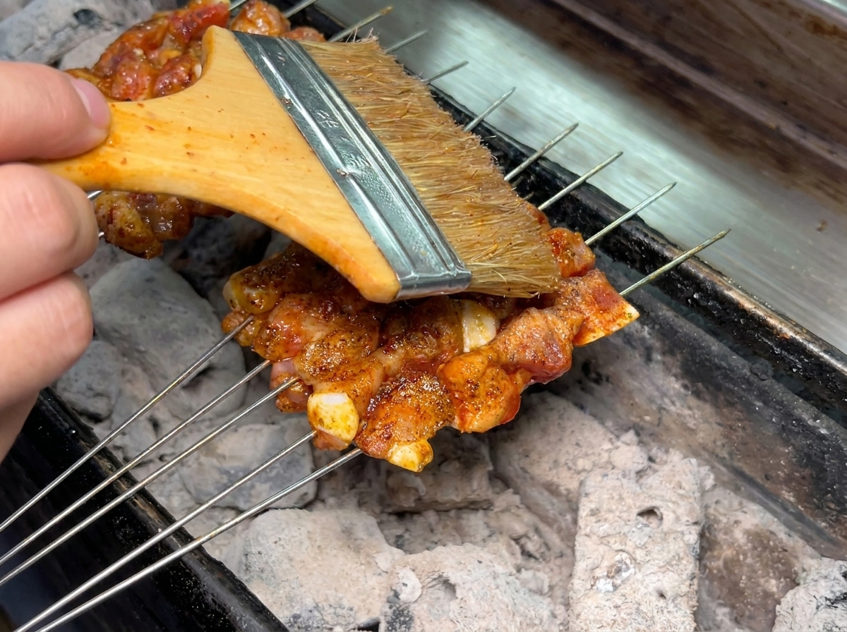 Una brocha de madera aplicando aceite sobre brochetas de cerdo sazonadas que se cocinan sobre carbón caliente.
