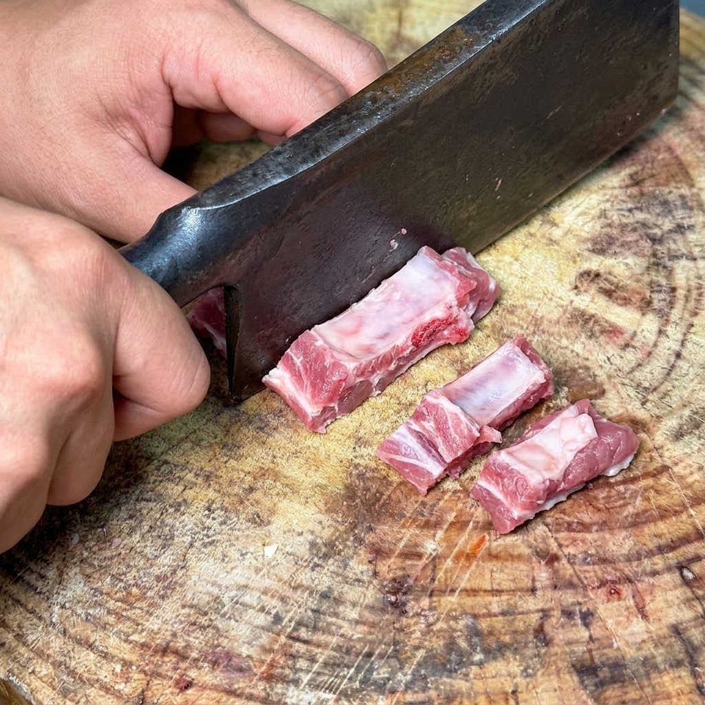 Costillas de cerdo siendo cortadas en trozos pequeños del tamaño de un bocado con un cuchillo pesado sobre una tabla de madera.
