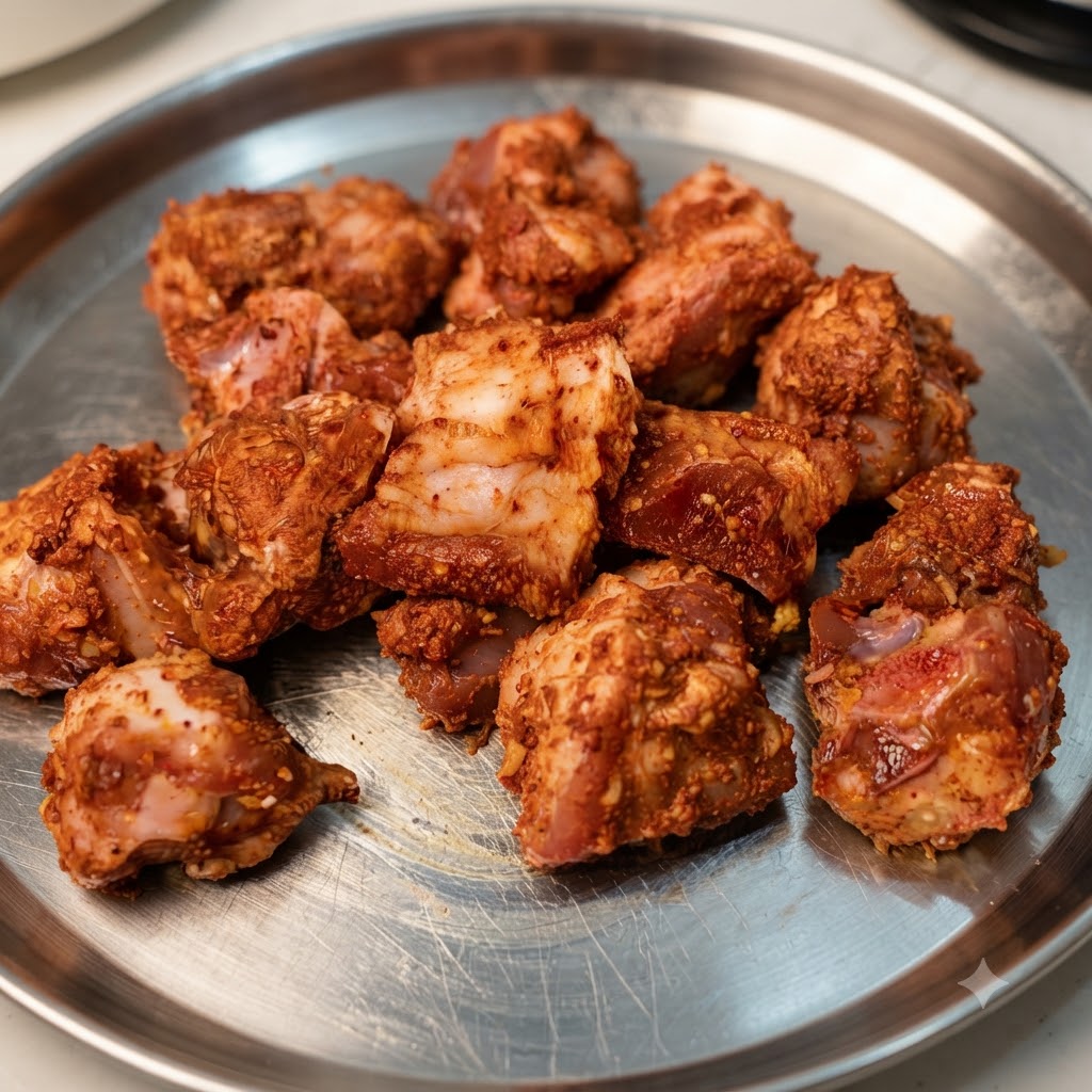 Manos frotando y cubriendo las costillas de cerdo completamente con especias dentro de un tazón de acero inoxidable.