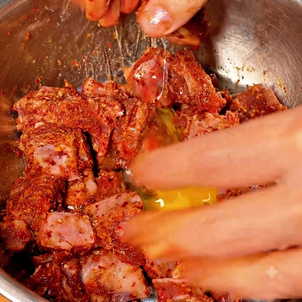 Un huevo roto mezclándose con las costillas de cerdo especiadas dentro de un tazón de metal.