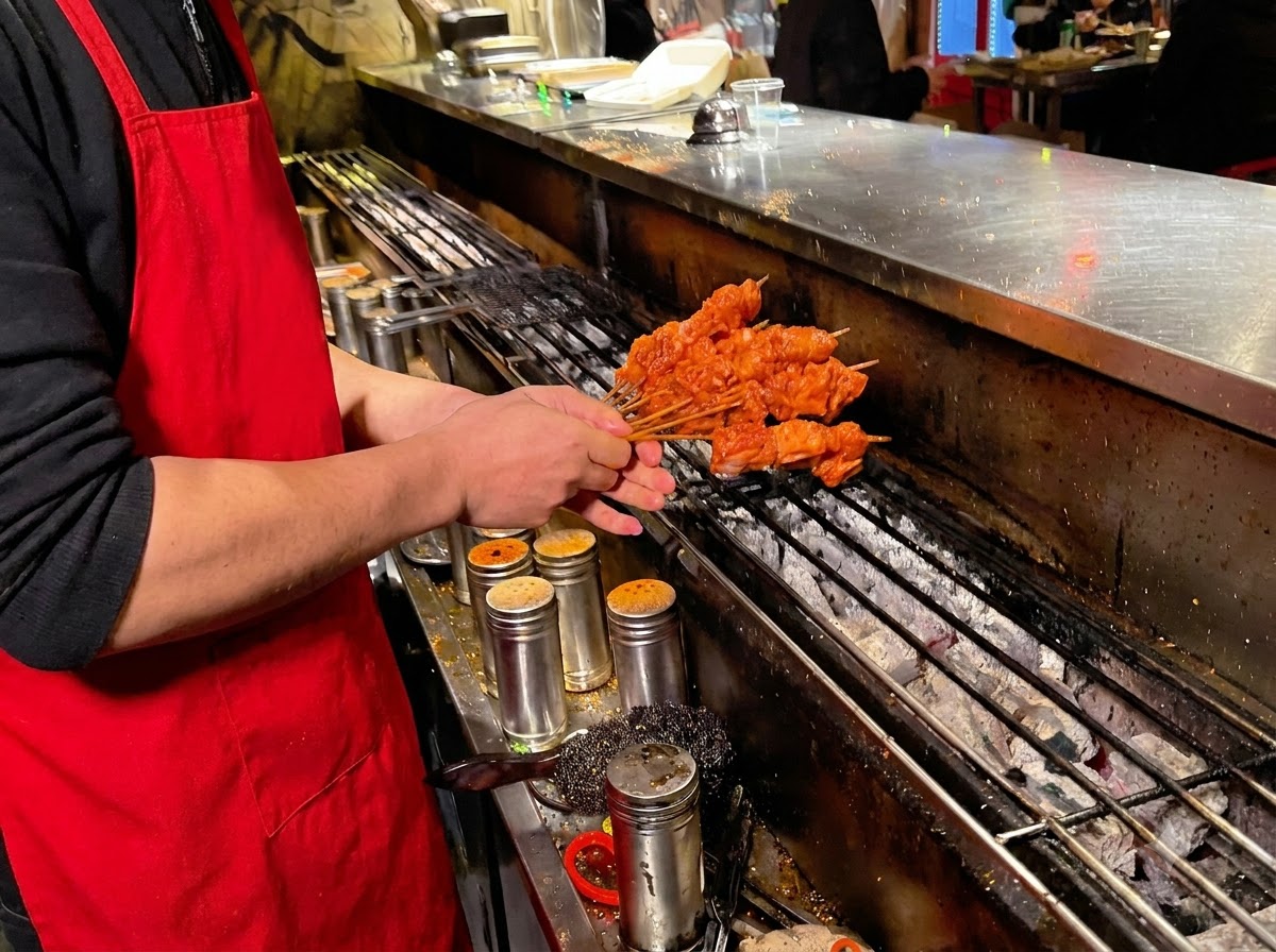 Una persona con un delantal rojo colocando brochetas de cerdo en una parrilla de carbón encendida.