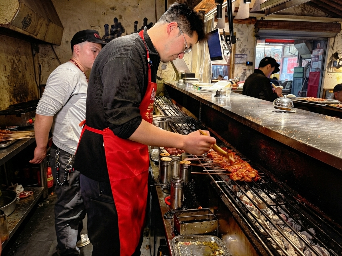 Aceite siendo aplicado con brocha a las costillas de cerdo en brocheta sobre una parrilla de carbón caliente.