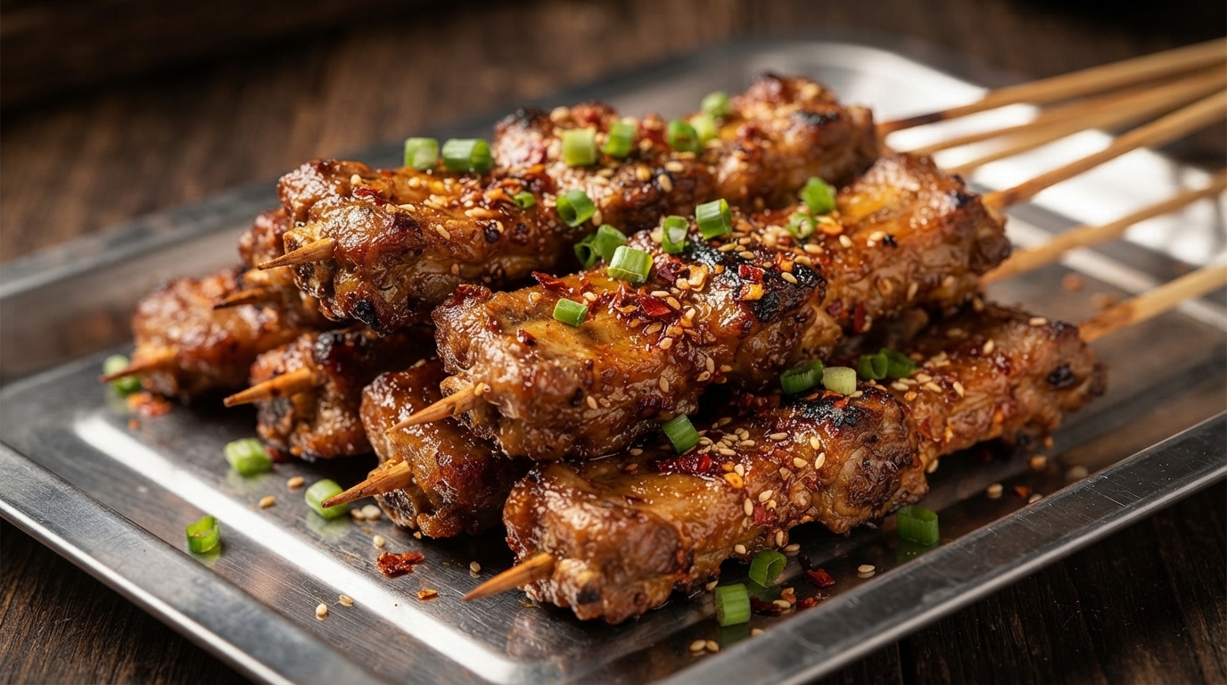 Un plano detalle de costillas de cerdo recién asadas en brochetas de madera, adornadas con cebolla verde picada, semillas de sésamo y hojuelas de chile.