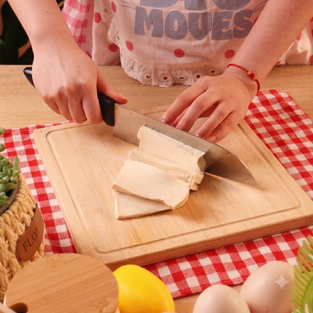 Un bloque de tofu siendo cortado en rodajas gruesas sobre una tabla de cortar de madera con un cuchillo de chef.