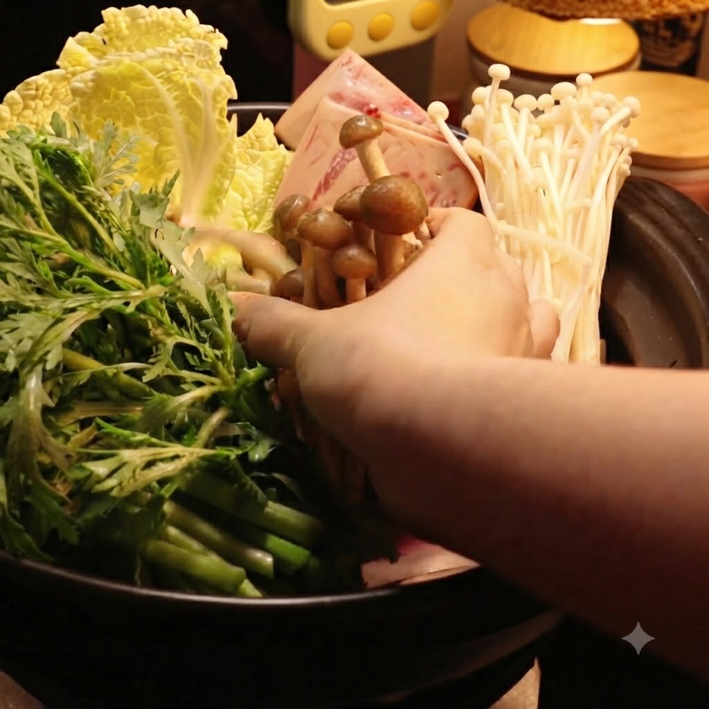Hongos enoki y shiitake siendo añadidos a la olla junto con el resto de los ingredientes.