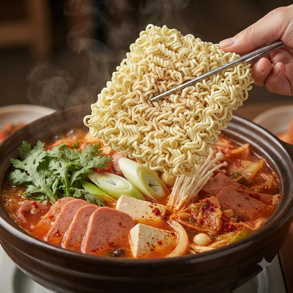 Un bloque de fideos ramen instantáneos siendo colocado encima de una olla burbujeante de ingredientes de estofado militar.