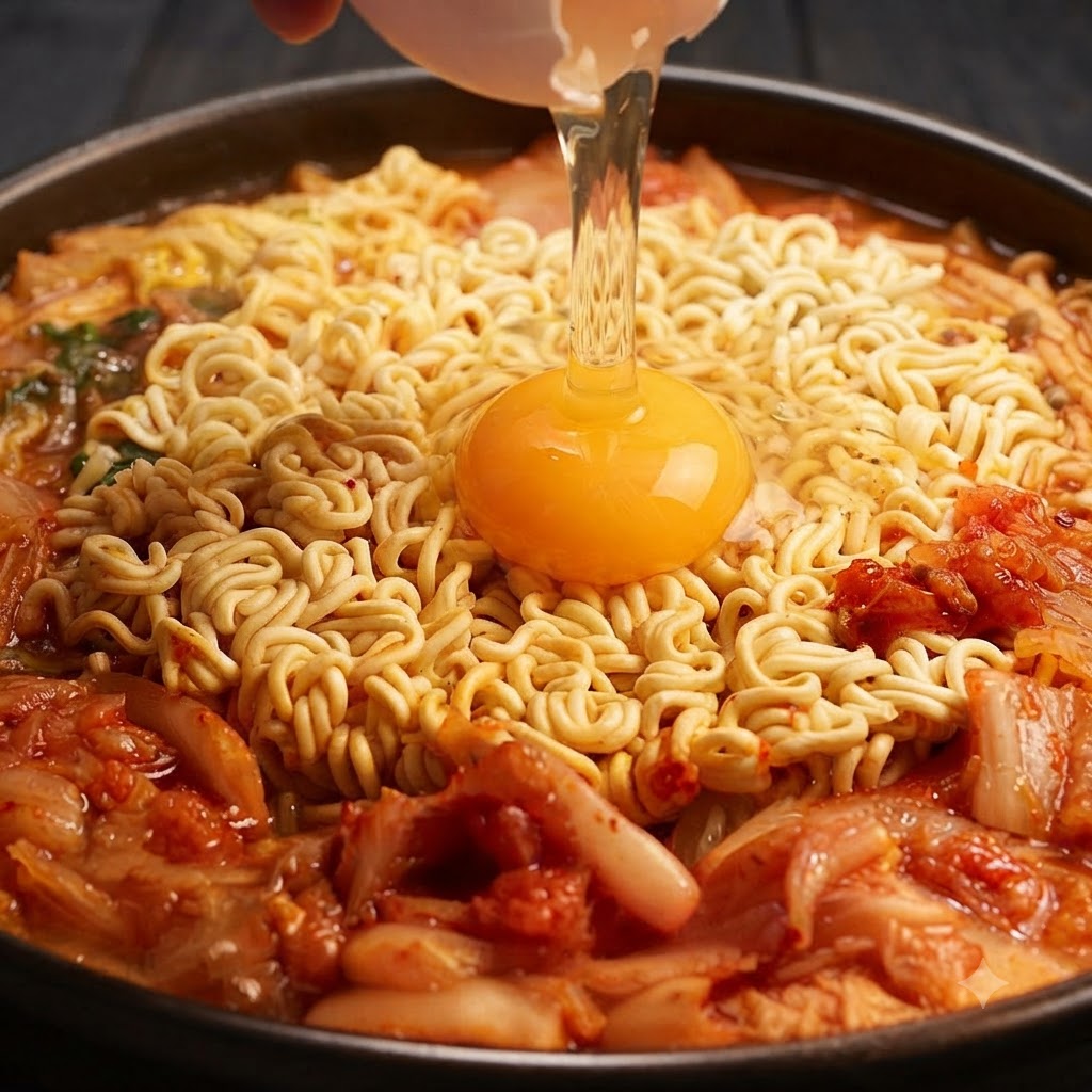 Un huevo crudo siendo abierto, con la yema y la clara cayendo directamente en el centro de los fideos ramen en una olla.