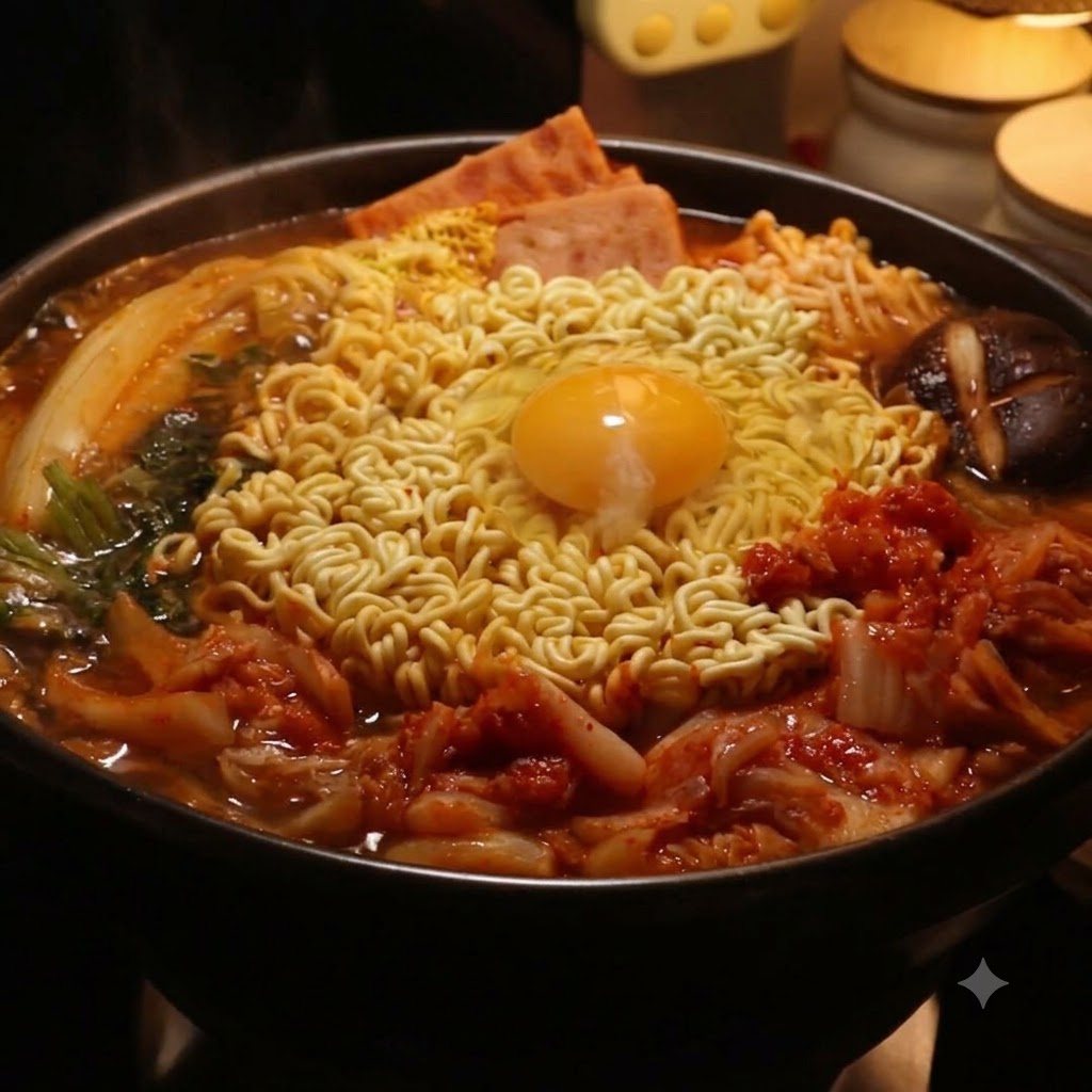 Una olla de estofado militar con ramen y un huevo siendo cubierta con una tapa durante el proceso de cocción a fuego lento.