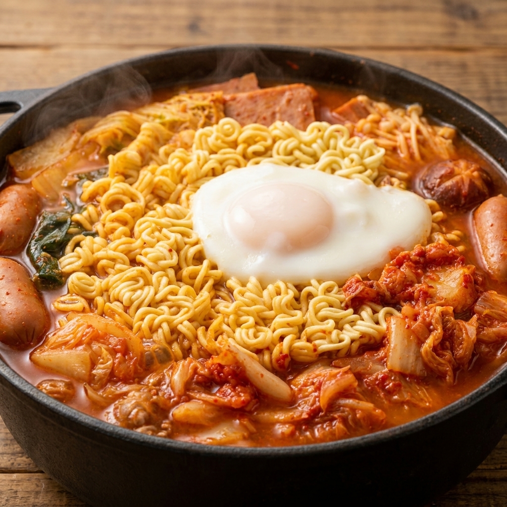 Semillas de sésamo negro siendo espolvoreadas sobre un huevo cocido que reposa sobre los fideos ramen en una olla de estofado.