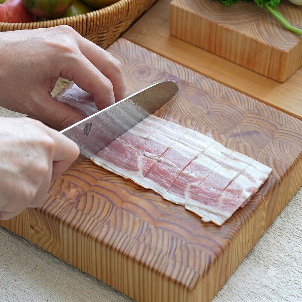 Tiras de tocino cortadas en segmentos más pequeños con un cuchillo sobre una tabla de madera.