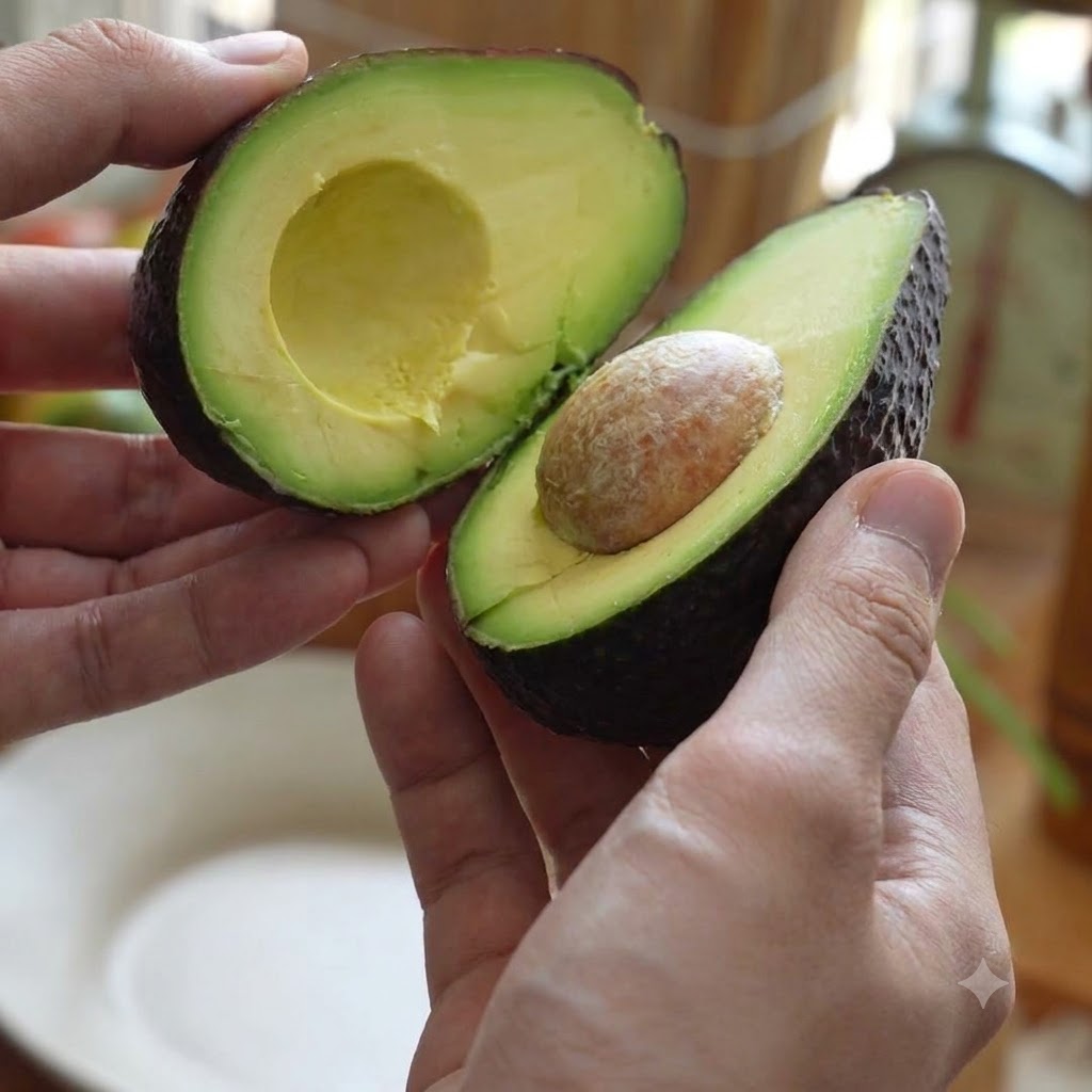 Un aguacate partido por la mitad que muestra el hueso, reposando sobre un plato de cerámica.