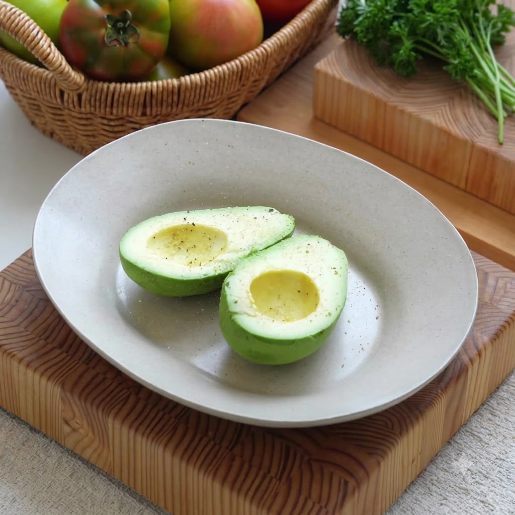 Mitades de aguacate sazonadas con sal, pimienta y jugo de limón en un plato.