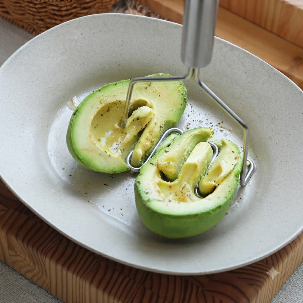 Aguacate machacado hasta obtener un puré verde suave con un machacador de metal en un tazón.