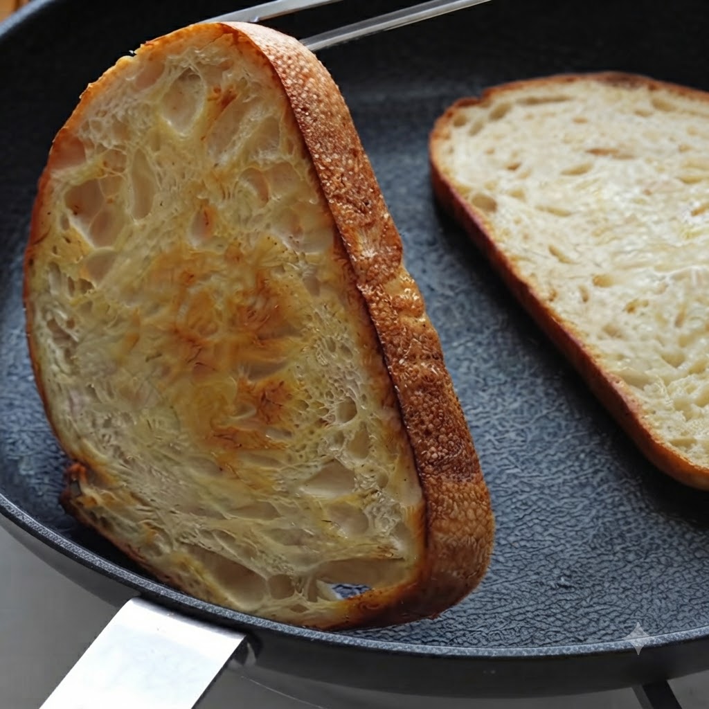 Rebanadas de pan de masa madre friéndose en una sartén y volteadas con pinzas hasta dorarse.