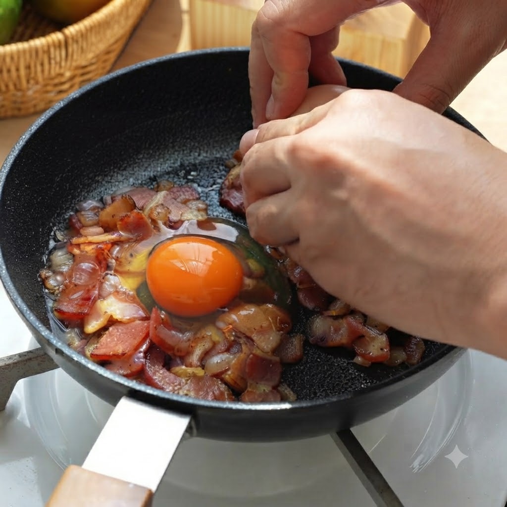 Un par de manos cascando un huevo directamente en la sartén con tocino y cebollas.
