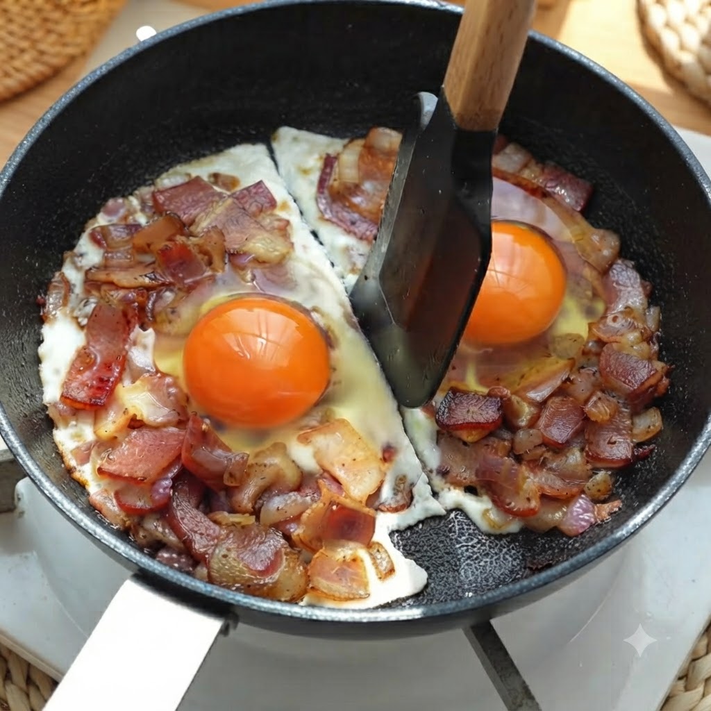Una espátula dividiendo los dos huevos en cocción y las porciones de tocino por el centro de la sartén.