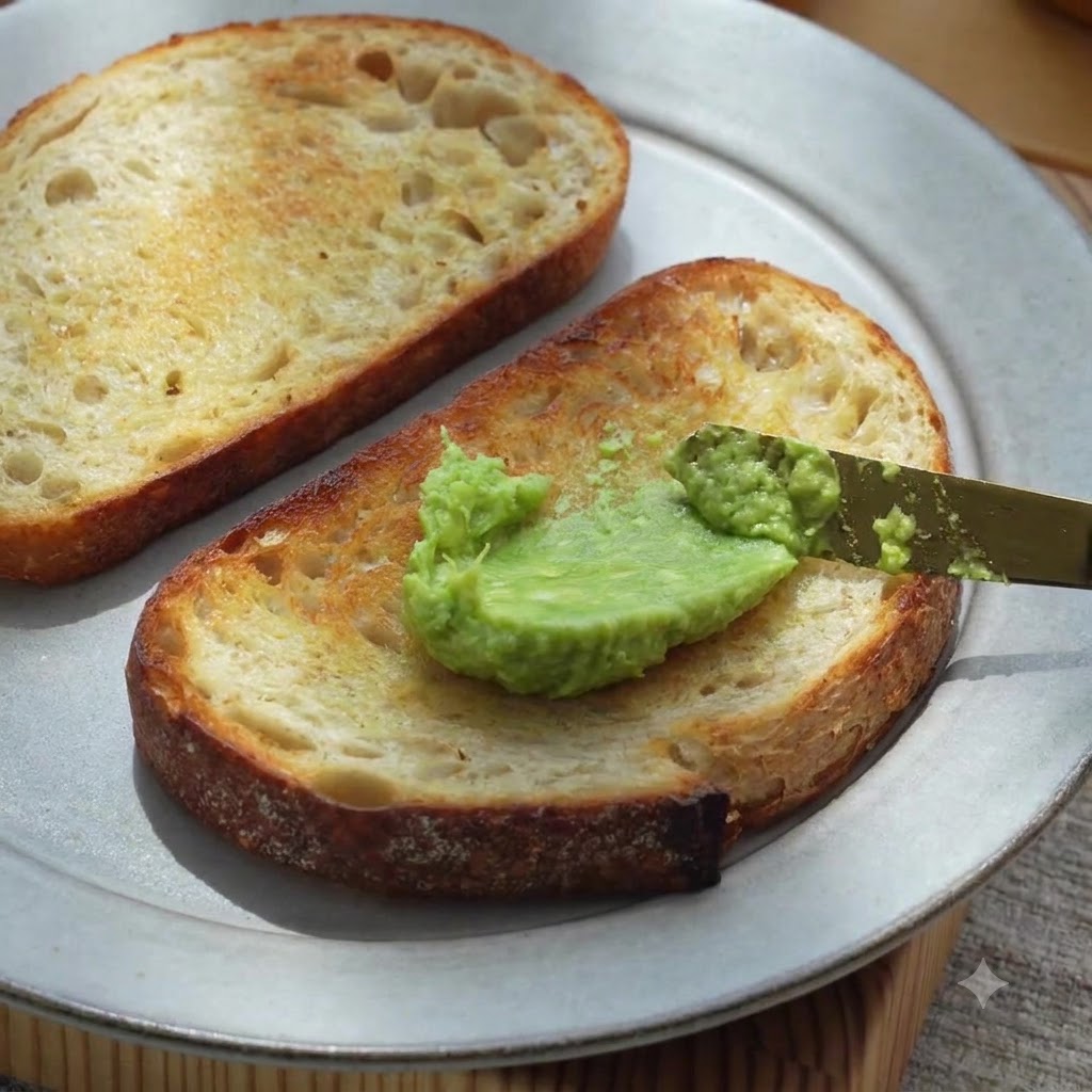 Puré de aguacate verde extendido uniformemente sobre pan de masa madre tostado con un cuchillo de mantequilla.
