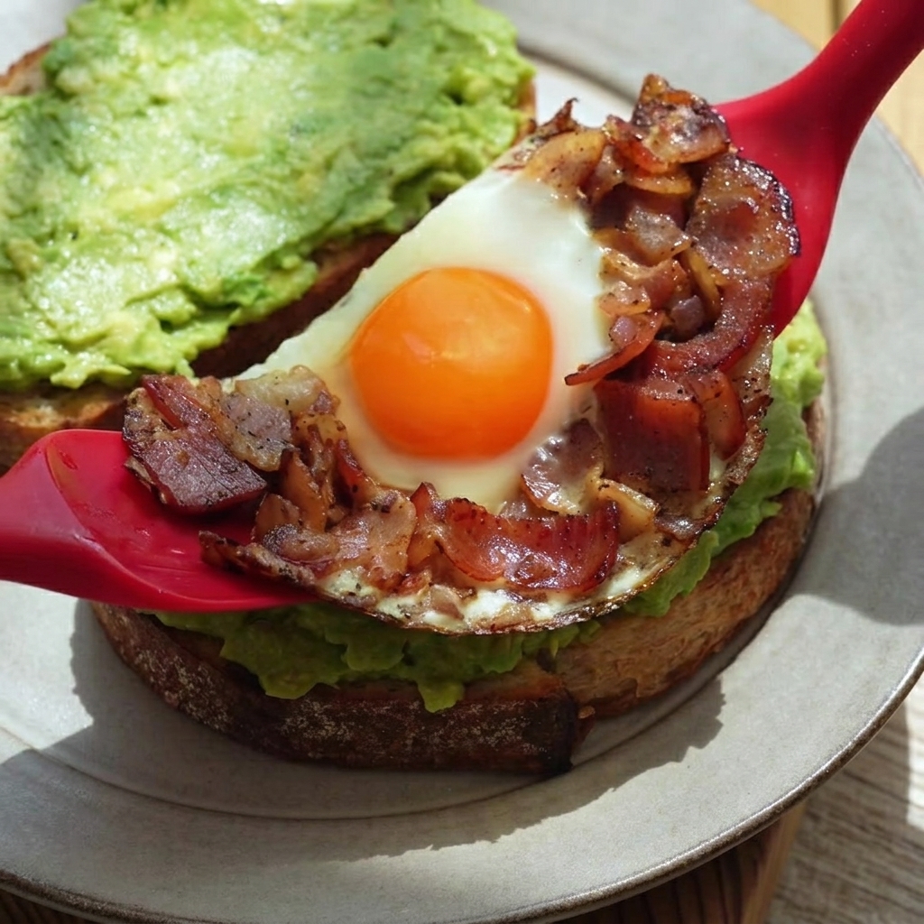 Una espátula roja levantando una sección cocida de tocino frito y huevo para colocarla sobre la tostada de aguacate.