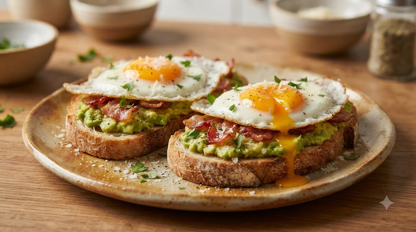 Sándwich Crujiente de Aguacate y Huevo Frito con Tocino