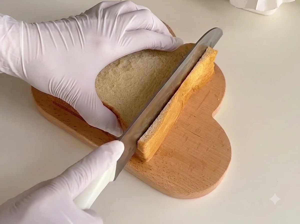 Un cuchillo cortando los bordes de pan blanco apilado en una tabla de madera.