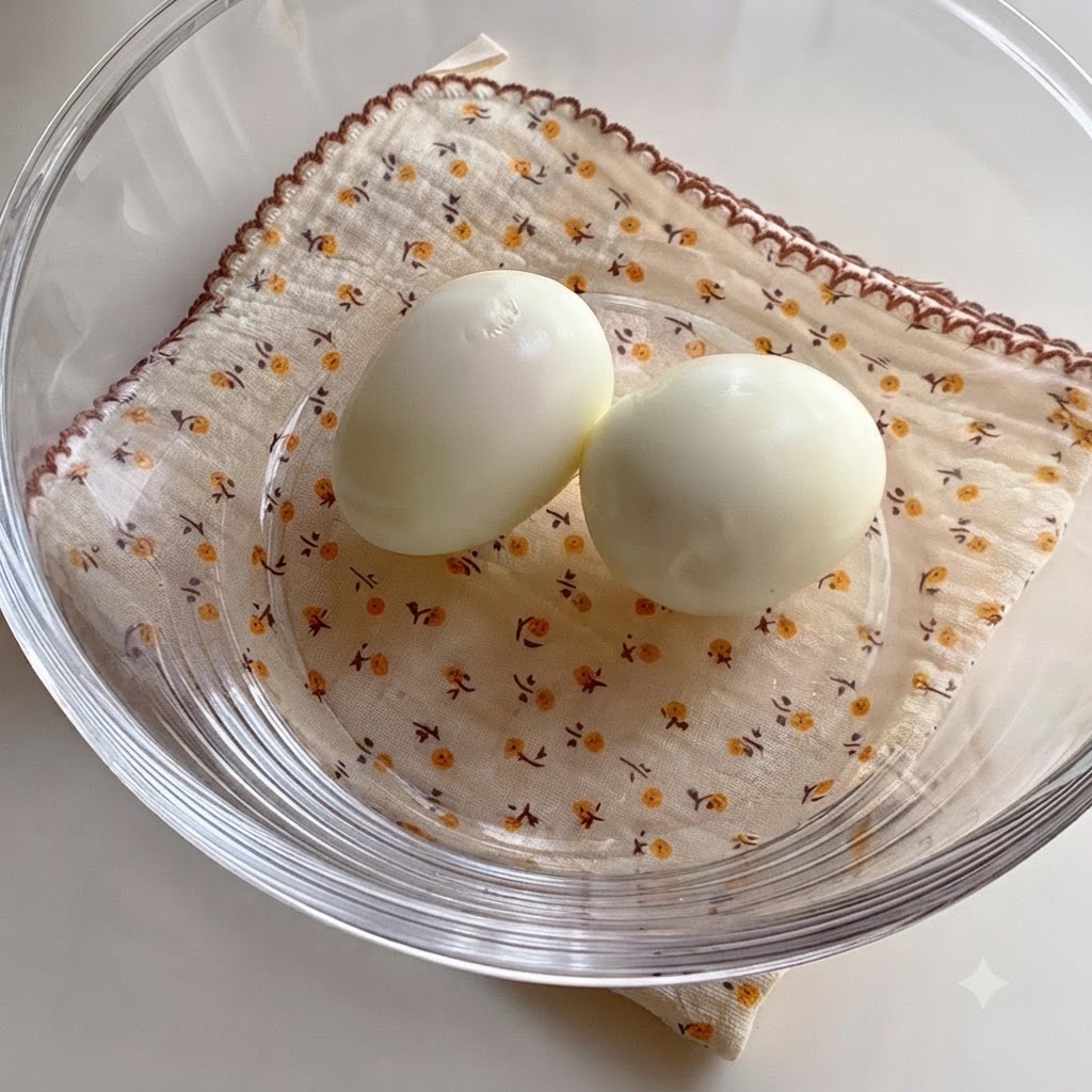 Dos huevos duros pelados en un bol de vidrio, espolvoreados con pimienta negra.