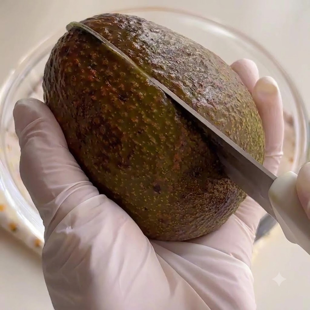 Un cuchillo cortando por el centro de un aguacate entero sostenido en manos con guantes.