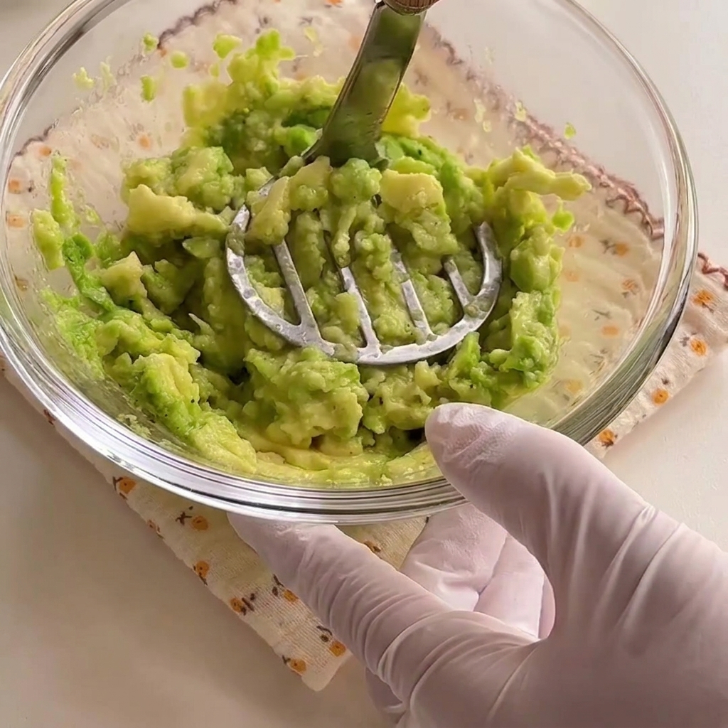 Mitades de aguacate siendo machacadas en una pasta verde vibrante dentro de un bol de vidrio con un machacador metálico.