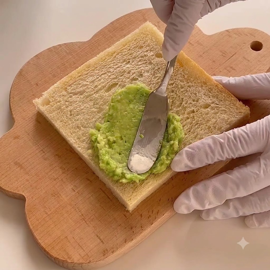 Puré de aguacate verde vibrante siendo untado uniformemente a través de una sola rebanada de pan blanco en una tabla de madera.