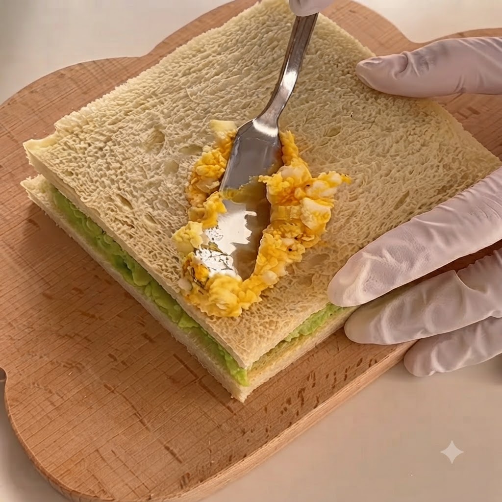 Ensalada de huevo preparada siendo untada en la segunda rebanada de pan usando un cuchillo.