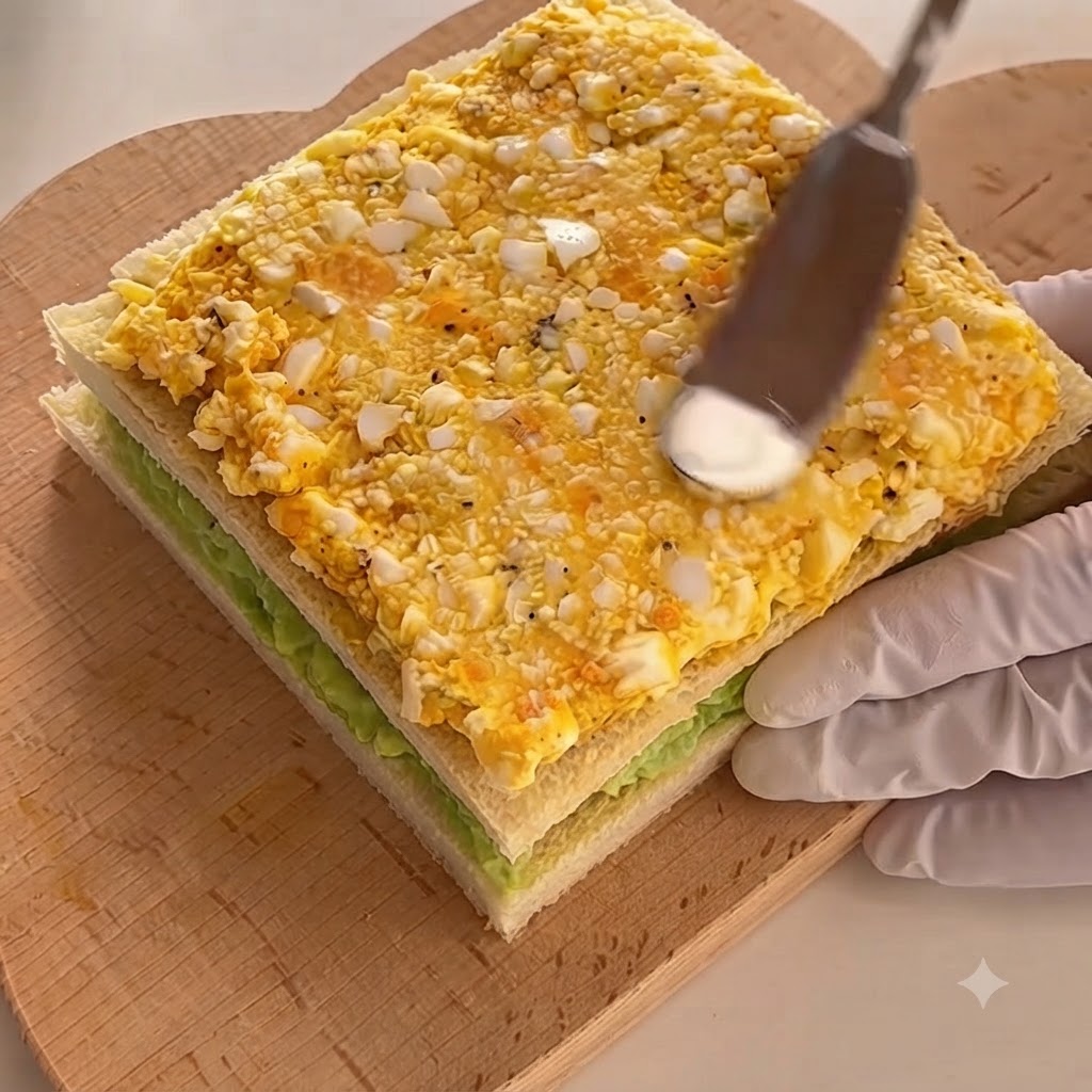 Una tercera rebanada de pan blanco colocada encima de la capa de ensalada de huevo para terminar la pila del sándwich.