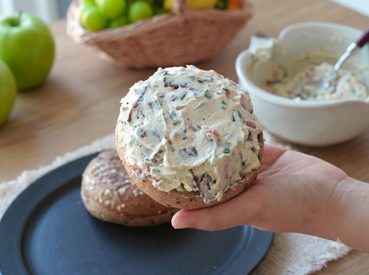 La mitad superior de un bagel tostado colocándose sobre el relleno de queso crema para cerrar el sándwich.