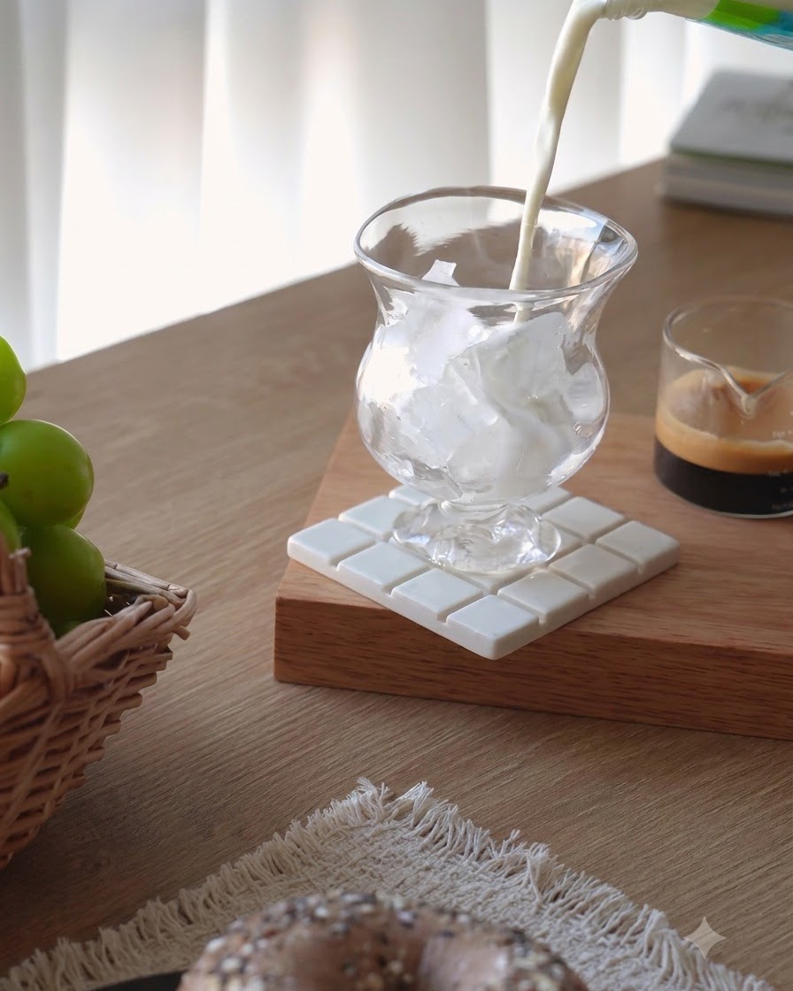 Leche fresca siendo vertida desde un cartón en un vaso transparente lleno de cubitos de hielo sobre un posavasos de madera.