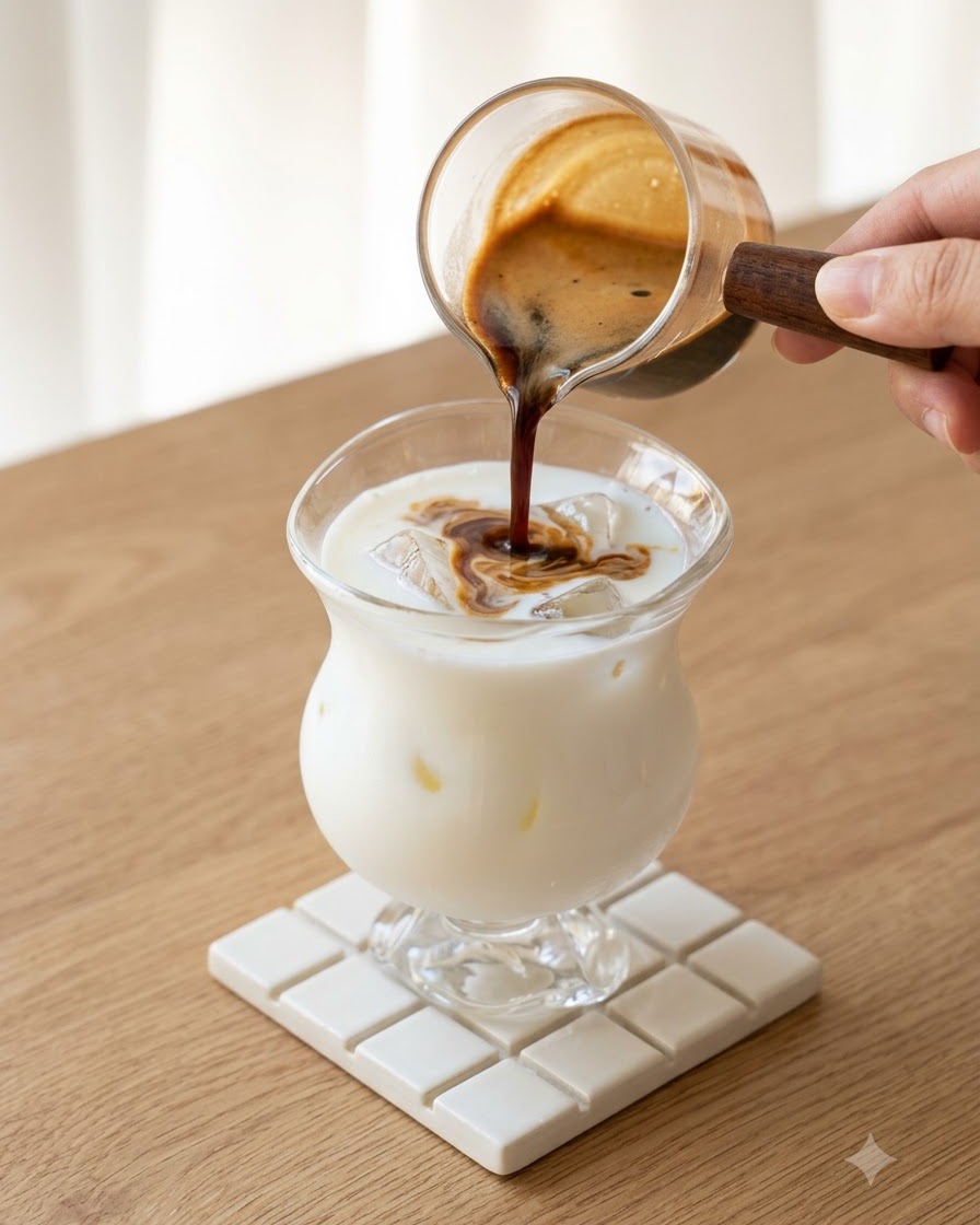 Café filtrado oscuro y rico siendo vertido desde una jarra de vidrio en un vaso con leche y hielo, creando patrones espirales.