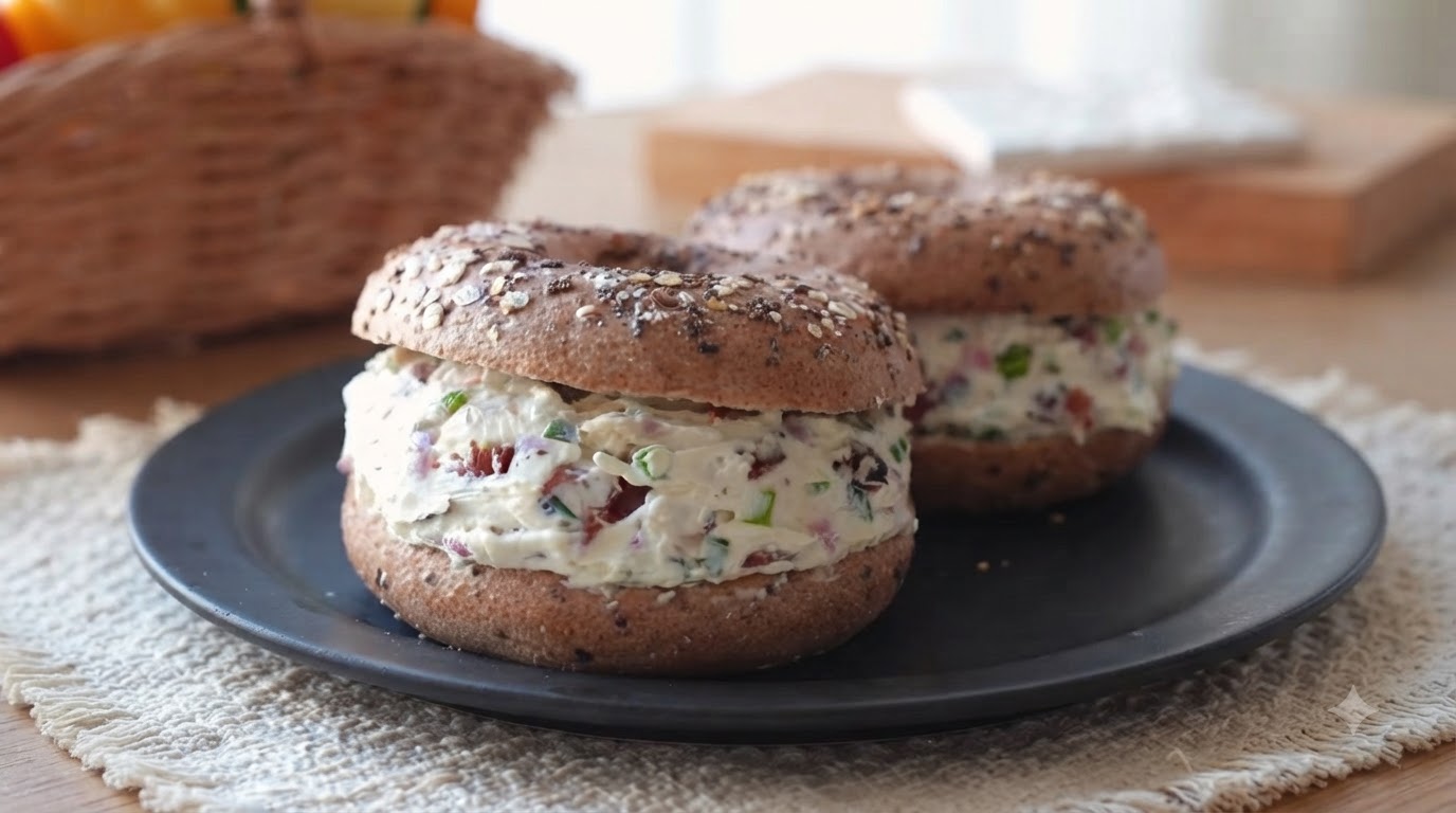 Sándwich de Bagel con Tocino y Queso Crema y Café con Hielo