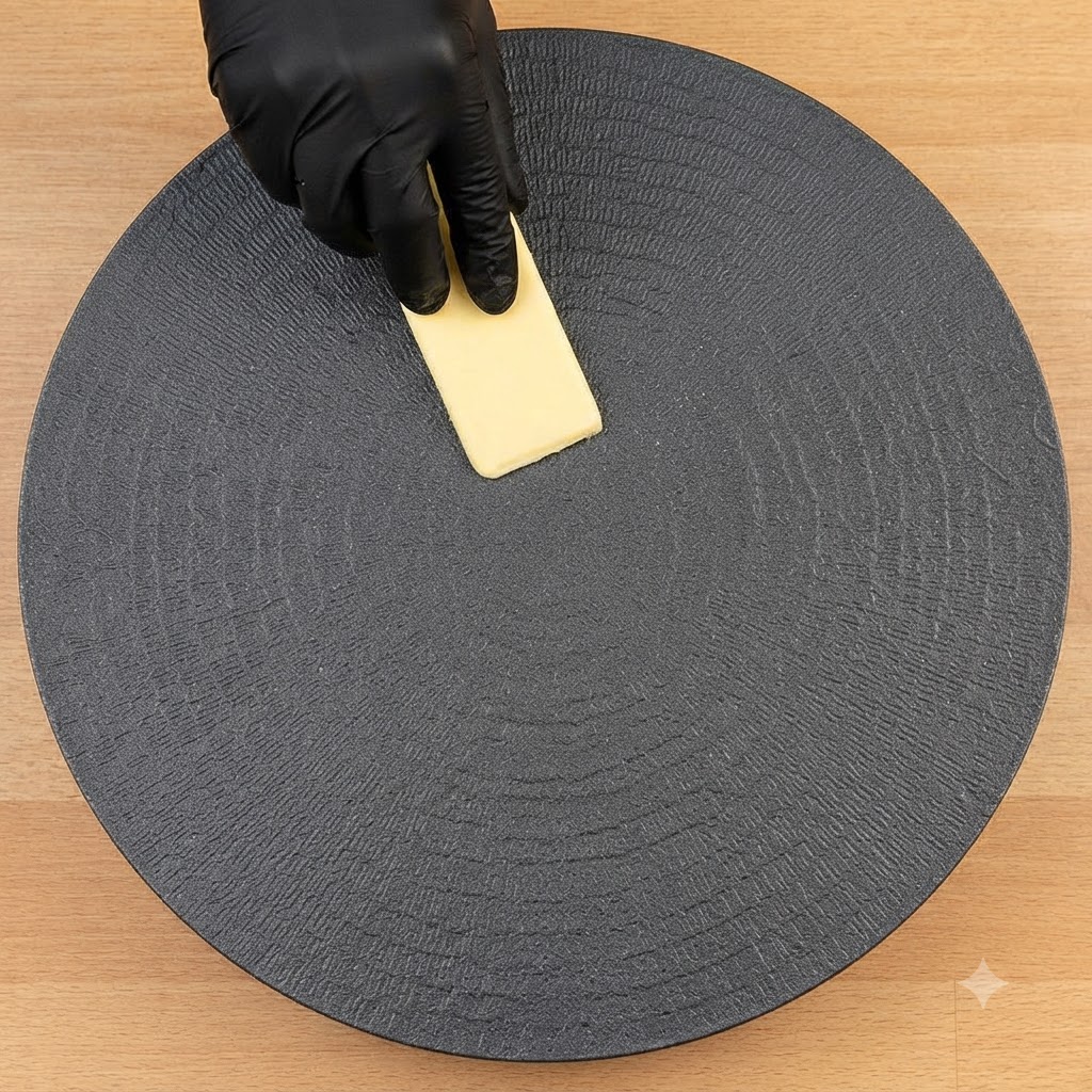 Una persona con guantes negros esparciendo mantequilla en una plancha negra circular con una espátula.
