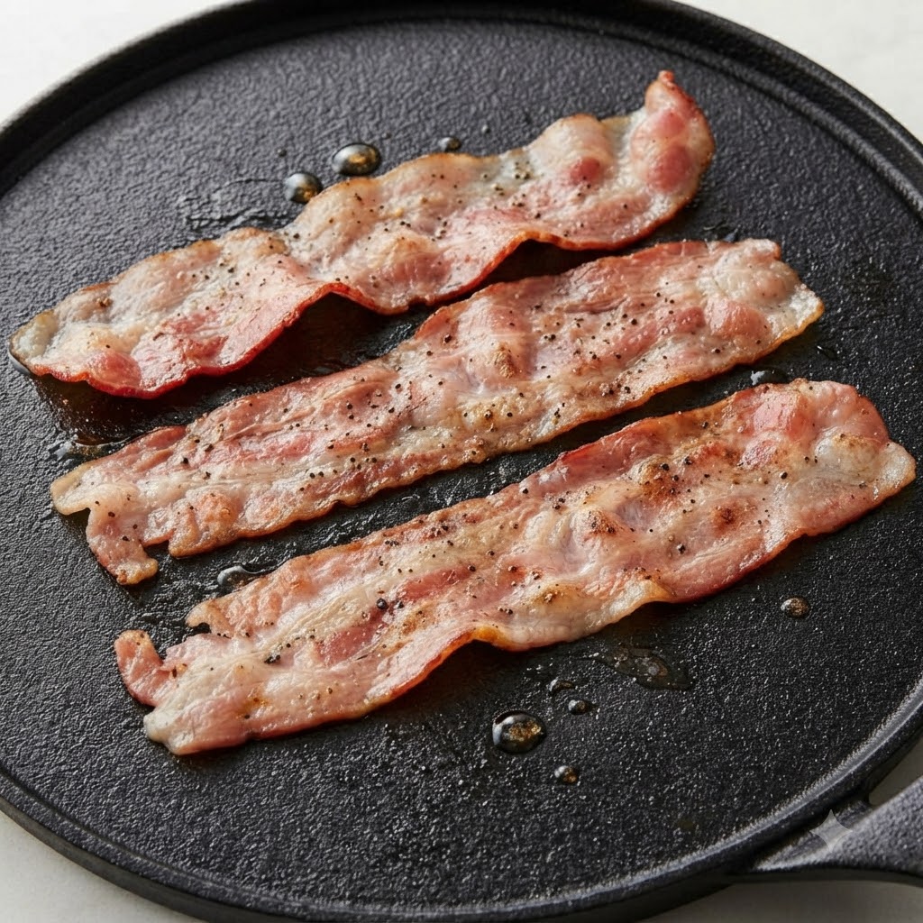 Tres tiras de beicon crudo sazonadas con pimienta negra chisporroteando en una plancha plana de hierro fundido negro.