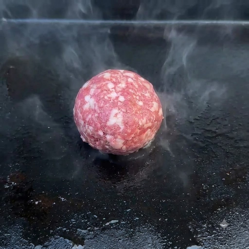 Una bola de carne de ternera picada cruda reposando en una plancha negra muy caliente rodeada de vapor.