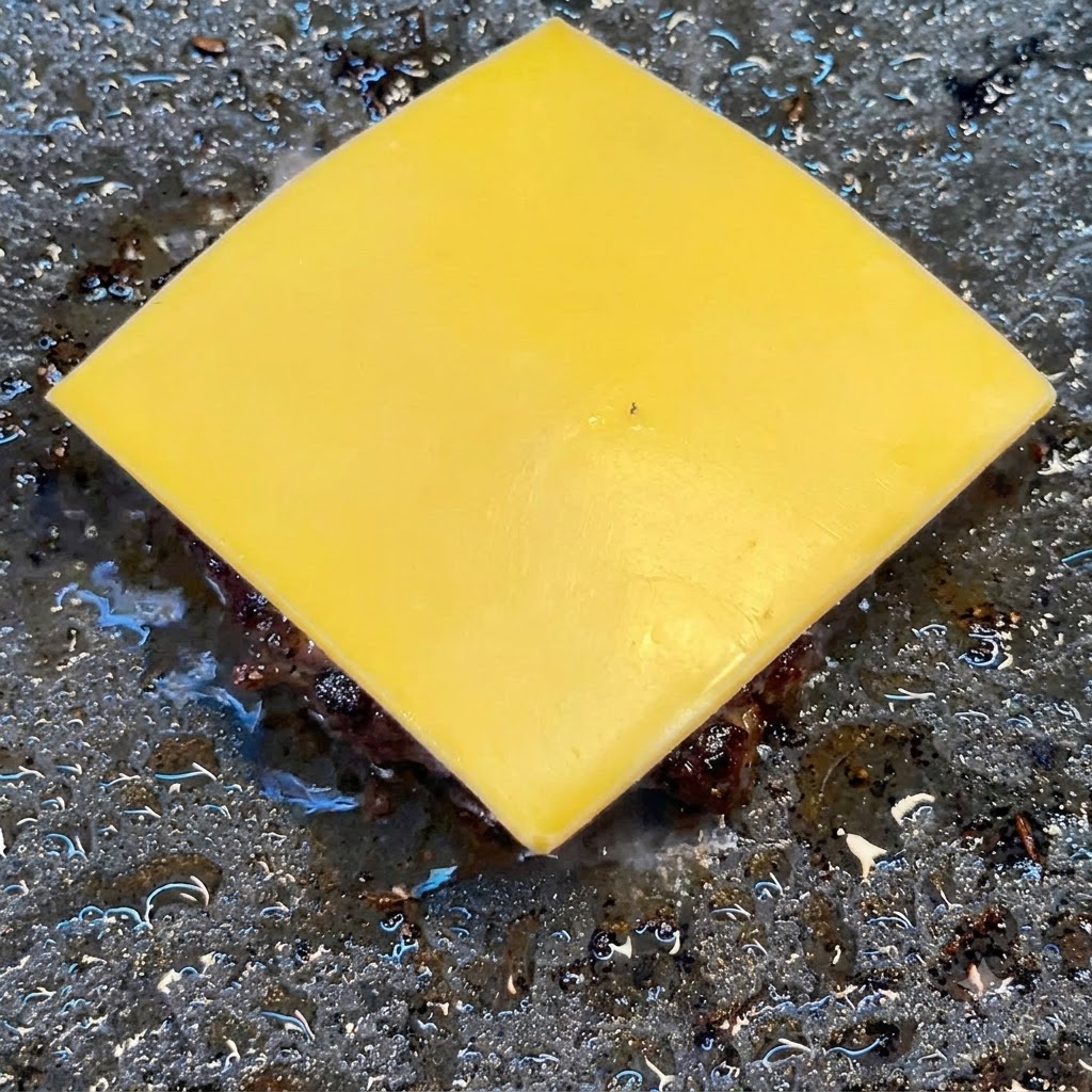 Una loncha cuadrada de queso amarillo americano centrada sobre una hamburguesa de ternera chisporroteante en una plancha oscura.