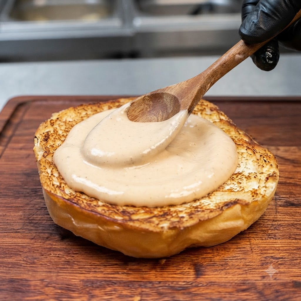 Una cuchara de madera extendiendo salsa en un pan de hamburguesa tostado sobre una tabla de madera.