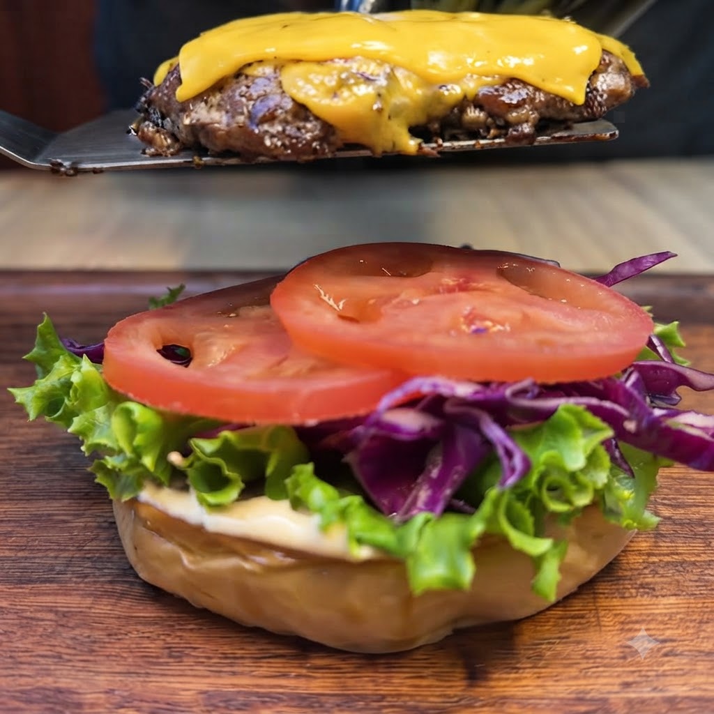 Una espátula colocando una hamburguesa de ternera con queso fundido sobre una base de hamburguesa preparada.