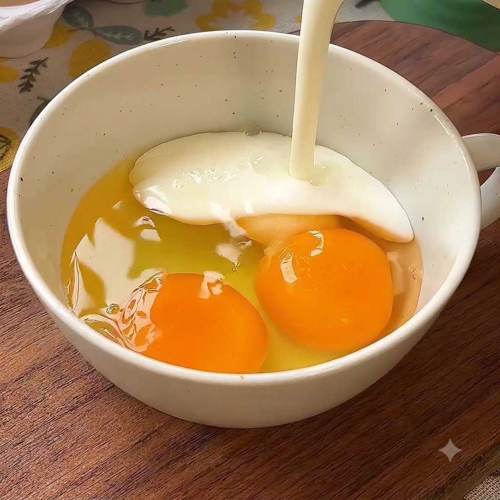 Leche fluyendo hacia un tazón de huevos cascados.