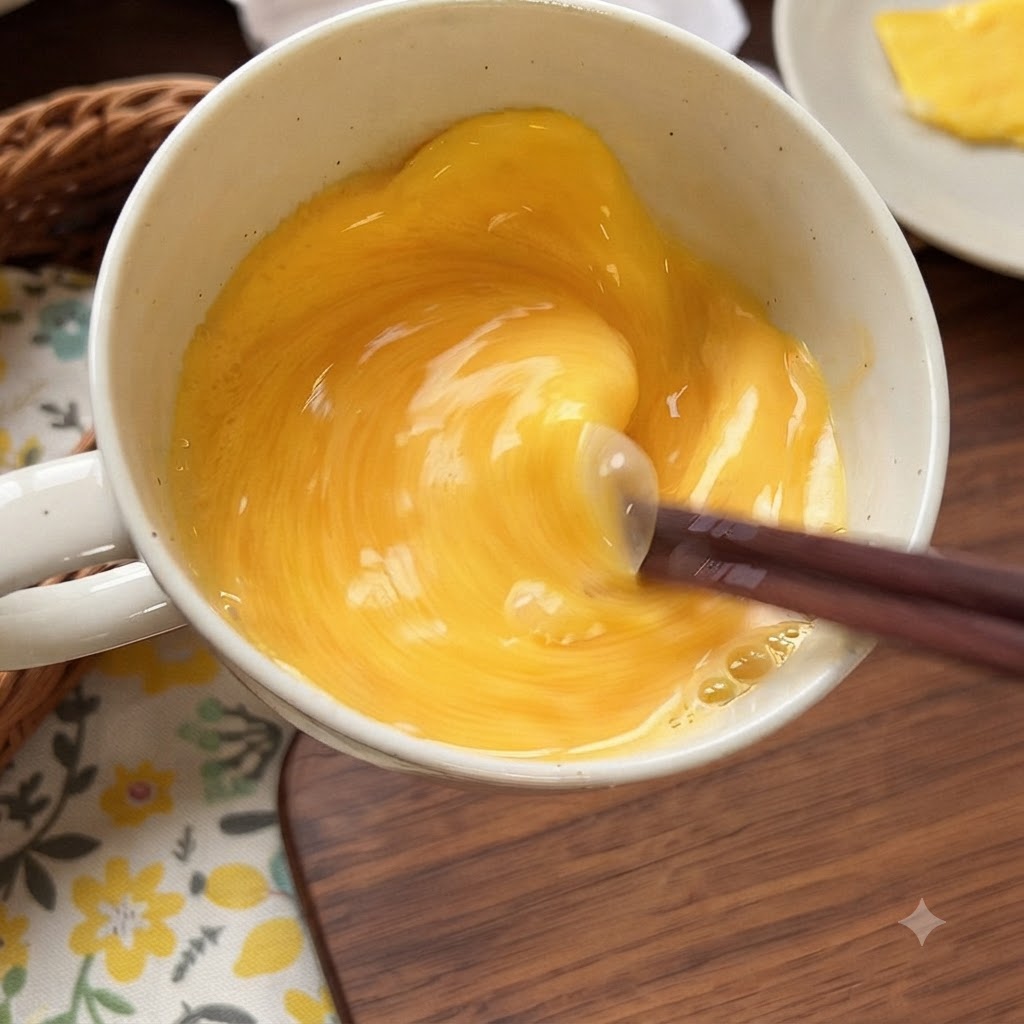 Palillos batiendo huevos y leche en un tazón.