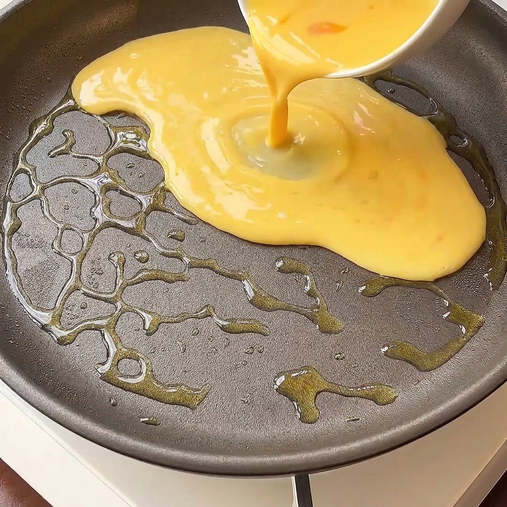 Líquido de huevo vertiéndose en una sartén antiadherente aceitada.