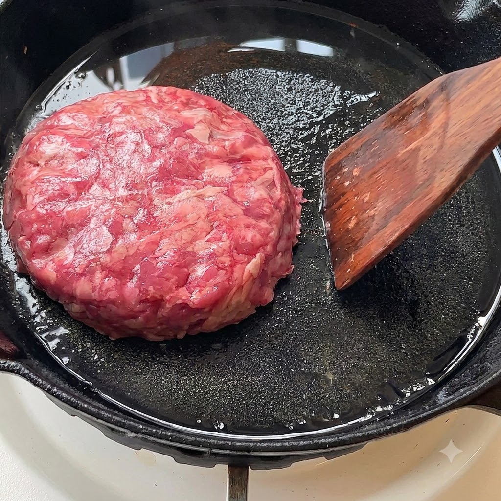 Hamburguesa de res cruda cociéndose en una sartén aceitada.