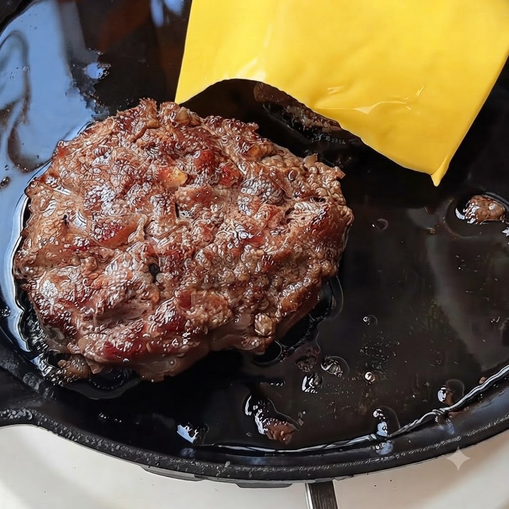 Dos rebanadas de queso amarillo derritiéndose sobre una hamburguesa cocida en una sartén caliente.